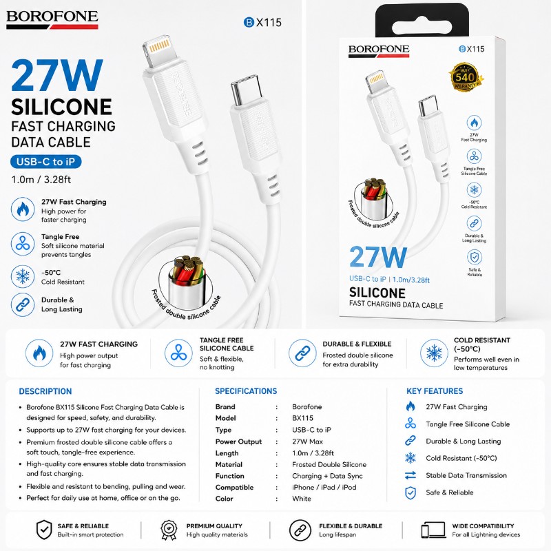 BOROFONE BX115 27W Silicone Fast Charging Data Cable (USB-C to Lightning)