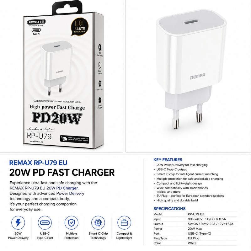 REMAX RP-U79 EU 20W PD Fast Charger (USB-C)