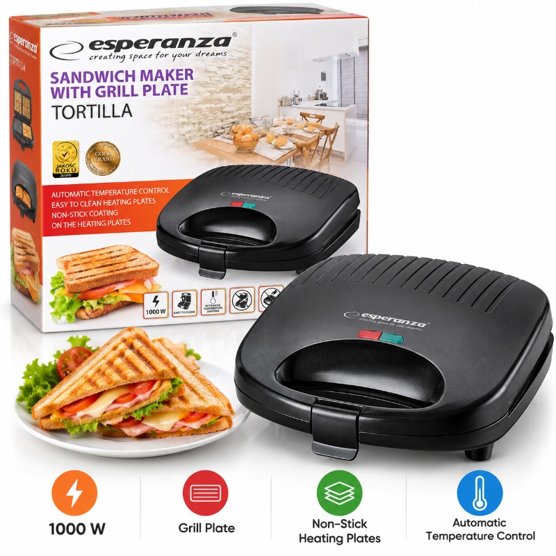 Esperanza Tortilla Sandwich Maker With Grill Plate 1000W Black