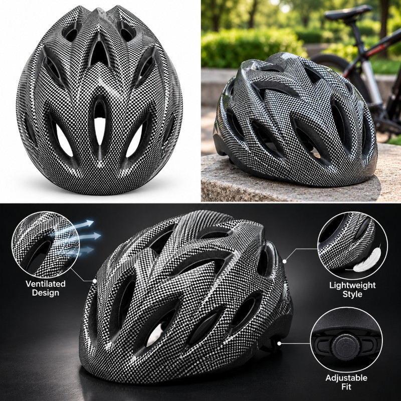 Bicycle Helmet Black and Silver Carbon Pattern Ventilated Sports