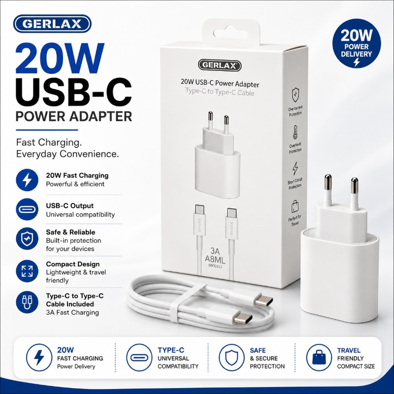 Gerlax 20W Type C to Type C Power Adapter(Charger)