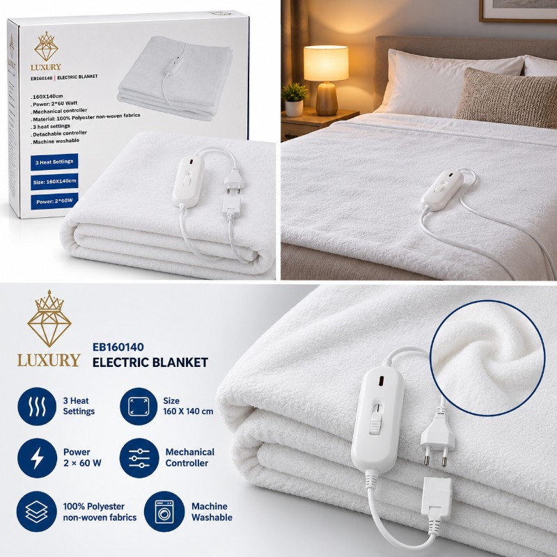 Luxury Electric Blanket 120W 160x140cm With 3 Heat Settings Machine Washable White