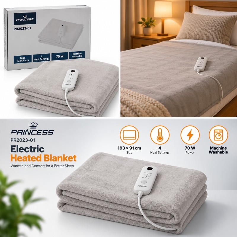 Princess Electric Heated Blanket 70W 193x91cm With 4 Heat Settings Machine Washable White