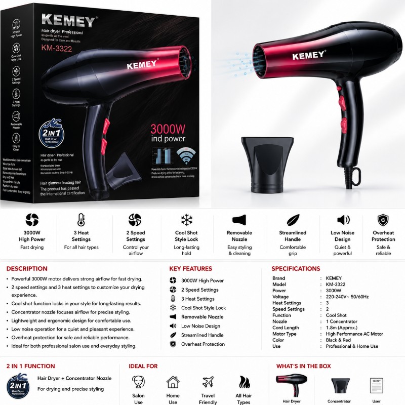 KEMEY Professional Hair Dryer KM-3322