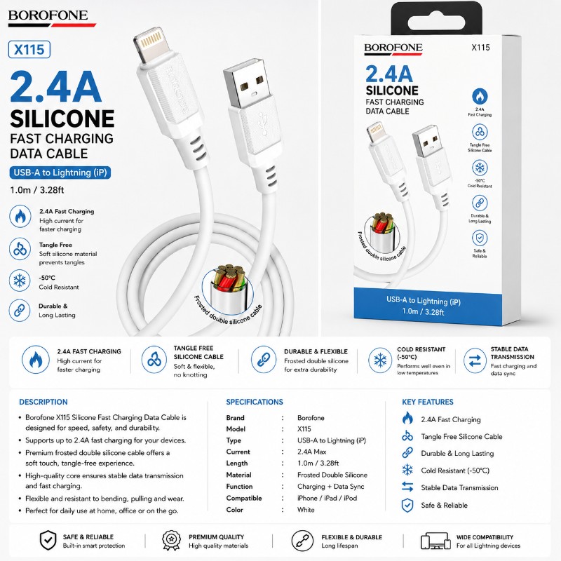 BOROFONE BX115 Silicone Fast Charging Data Cable (USB-A to Lightning)