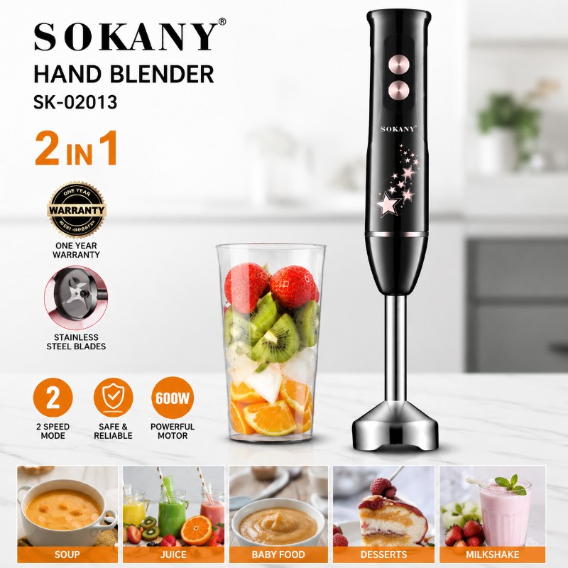 SOKANY SK-02013 2-in-1 600W Hand Blender with Stainless Steel Blade